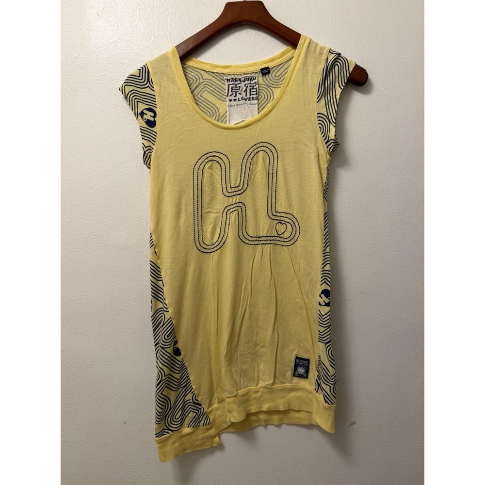 VTG Harajuku Lovers HI Yellow AOP Tank Top Medium Hawaii Army Issue Gwen Stefani